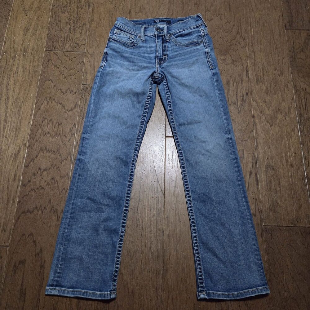 BKE Jeans Mens 28x30 Blue Jake Buckle Pant Faded Embroidery Stretch Heavy Stitch